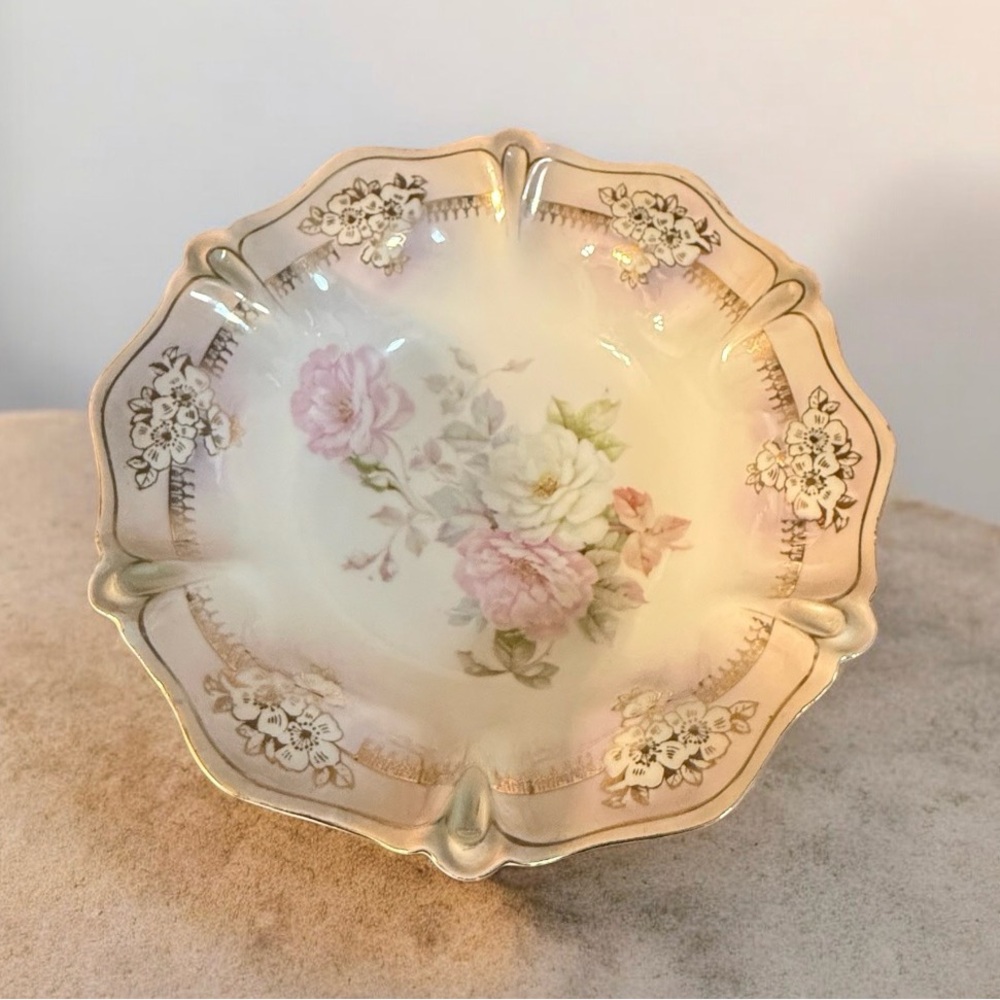 Antique RS Prussia Floral Bowl 10” Scalloped Gold Victorian Porcelain Germany